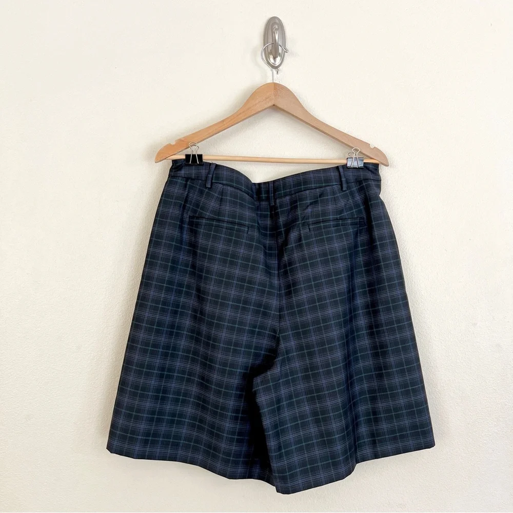 TIBI Marvel Wool Blend Plaid Suiting Bermuda Shorts in Black Blue